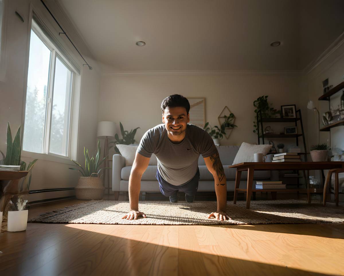Middle-aged man doing low-impact strength training at home – exercise for men over 40